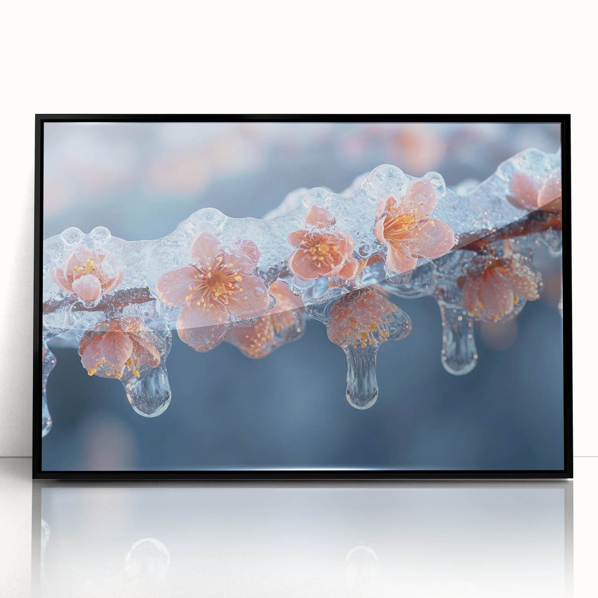 Framed acrylic print of large abstract wall art featuring a frost design in blue and white tones.