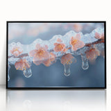 Framed acrylic print of large abstract wall art featuring a frost design in blue and white tones.