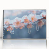 Close-up of frost patterns on ice, in a white acrylic frame, embodying mid-century modernist style.