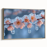 Framed canvas featuring a close-up of frost patterns in muted gray and blue tones.