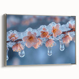Close-up of frost patterns on ice, printed on a large framed canvas, with a vintage poster art style.