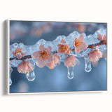 Framed canvas wall art featuring a close-up of frost patterns in muted gray tones, ideal for bedroom decor.