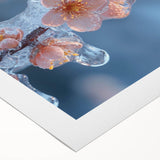 Art deco poster featuring a close-up of frost patterns in muted blue and white tones on rolled canvas.