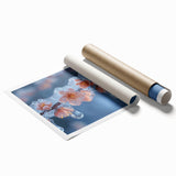 Extra large rolled print featuring a close-up frost design on petals, in muted blue and white tones.