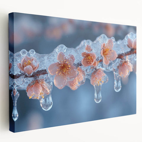 A close-up image of frost patterns on a stretched canvas, displaying intricate icy designs in blue and white tones.