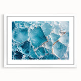 Extra large abstract art print featuring a textured frost design in white and blue tones, framed with a white mat.