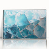 Framed acrylic print depicting a close-up of frost patterns in muted gray and blue, ideal for modern nursery wall art.