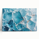 Close-up black and white photo of frost patterns on ice, printed on large stretched canvas, ideal for kitchen wall art.