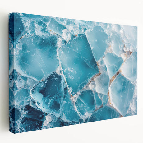 Close-up image of frost patterns on ice in muted gray and blue tones on a stretched canvas, suitable for kitchen wall art.