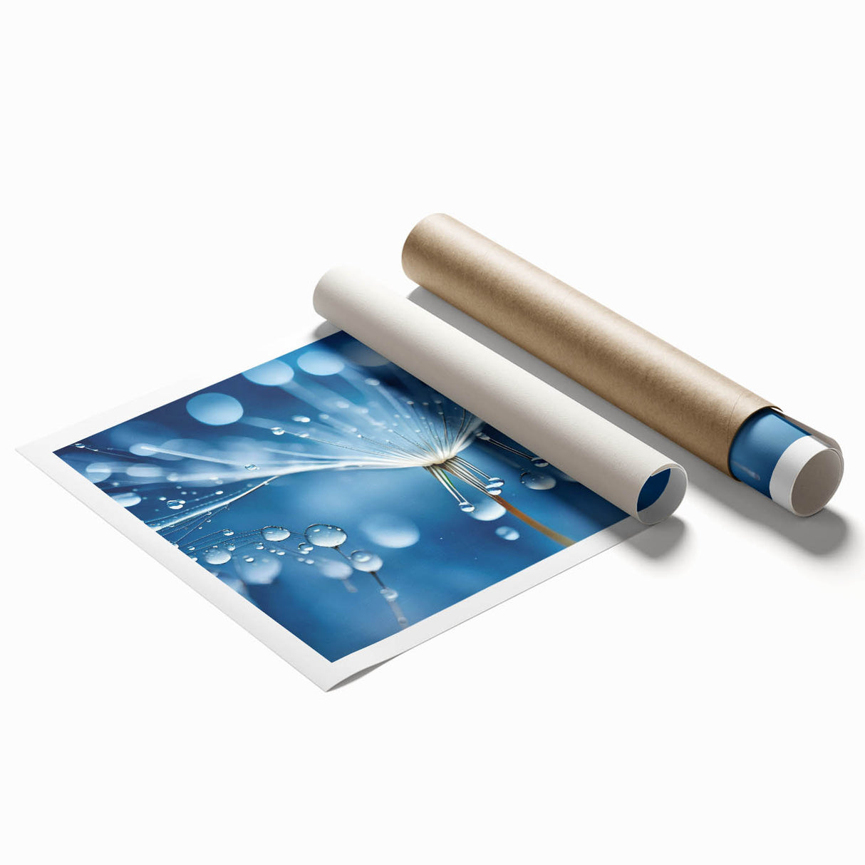 Close-up image of frost patterns on ice in muted blue and white tones, printed on rolled canvas.