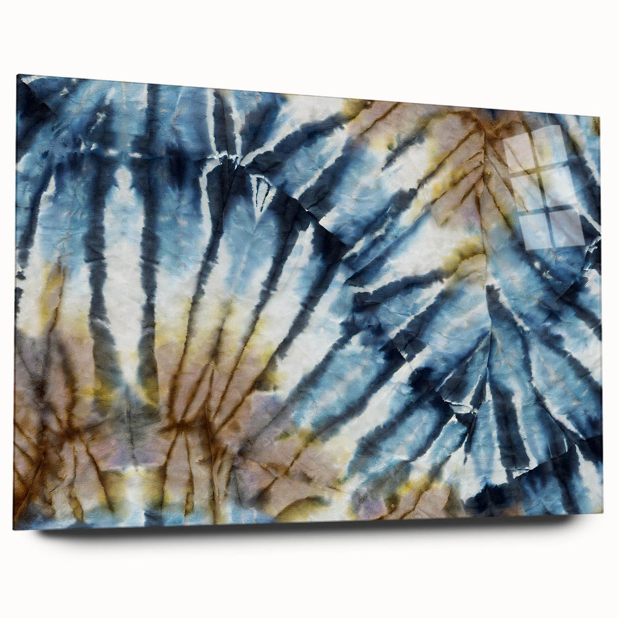 Large abstract wall art depicting frost patterns in muted blue and white tones on acrylic glass.