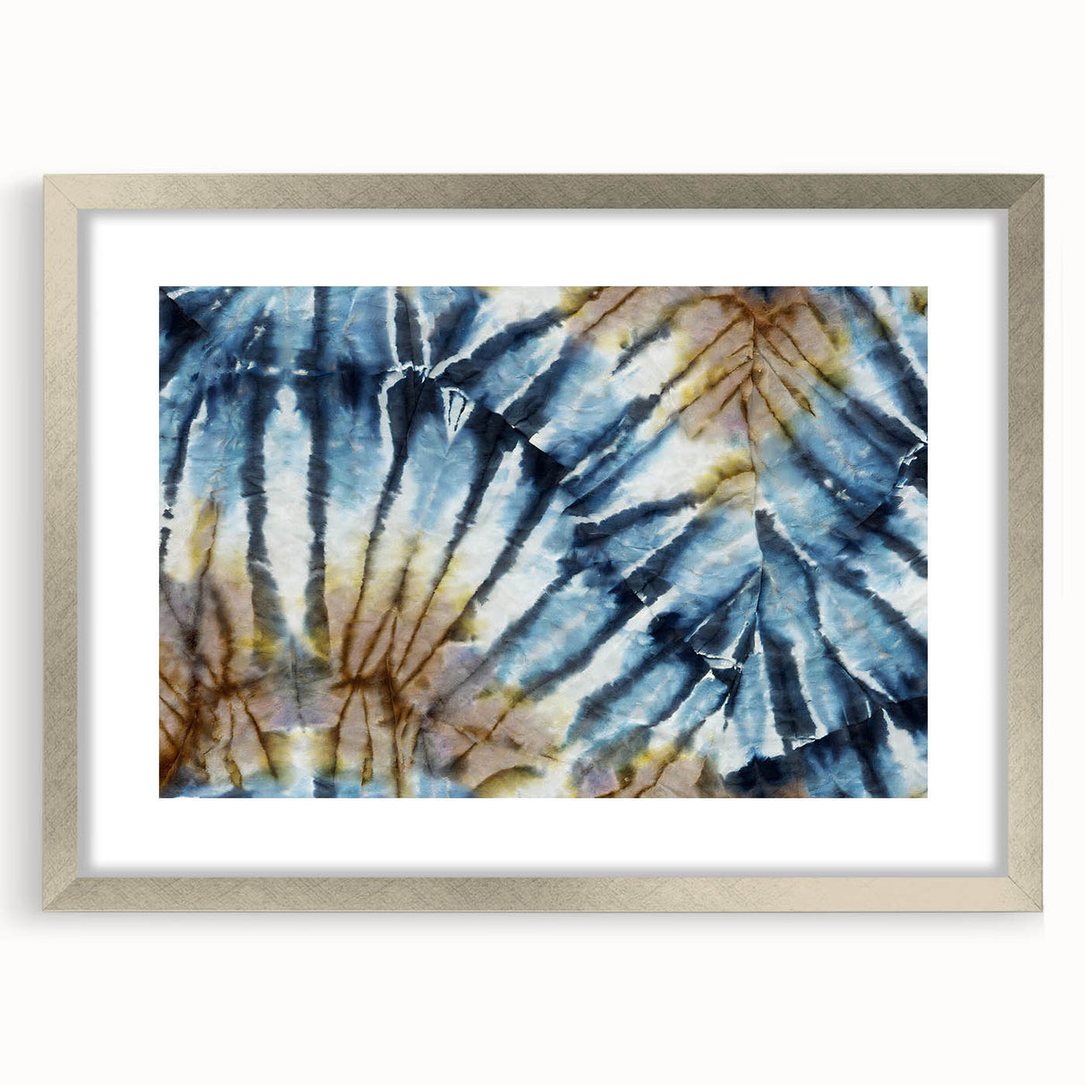 Abstract art print featuring a close-up of frost patterns in muted blue and white tones, framed in silver.