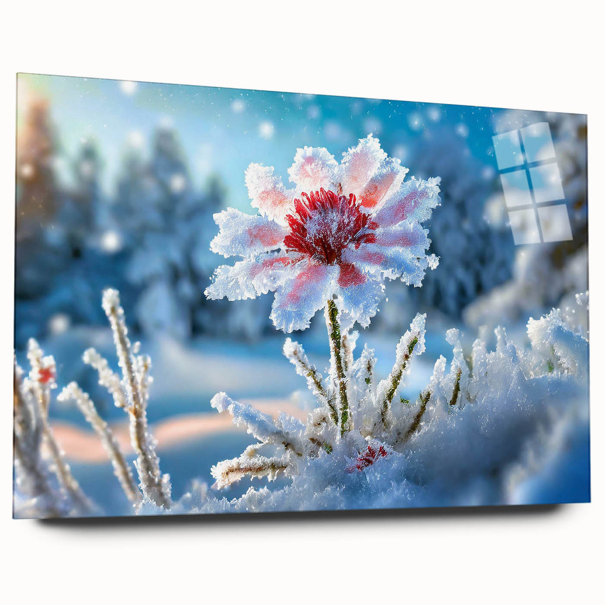 Close-up of frost patterns on ice in muted blue and white, large acrylic glass print.