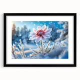 Abstract art print featuring textured frost patterns in vibrant blue and white tones on a large black-framed canvas.