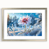 Abstract art print depicting a frost-like design in cool blue tones, framed in silver.