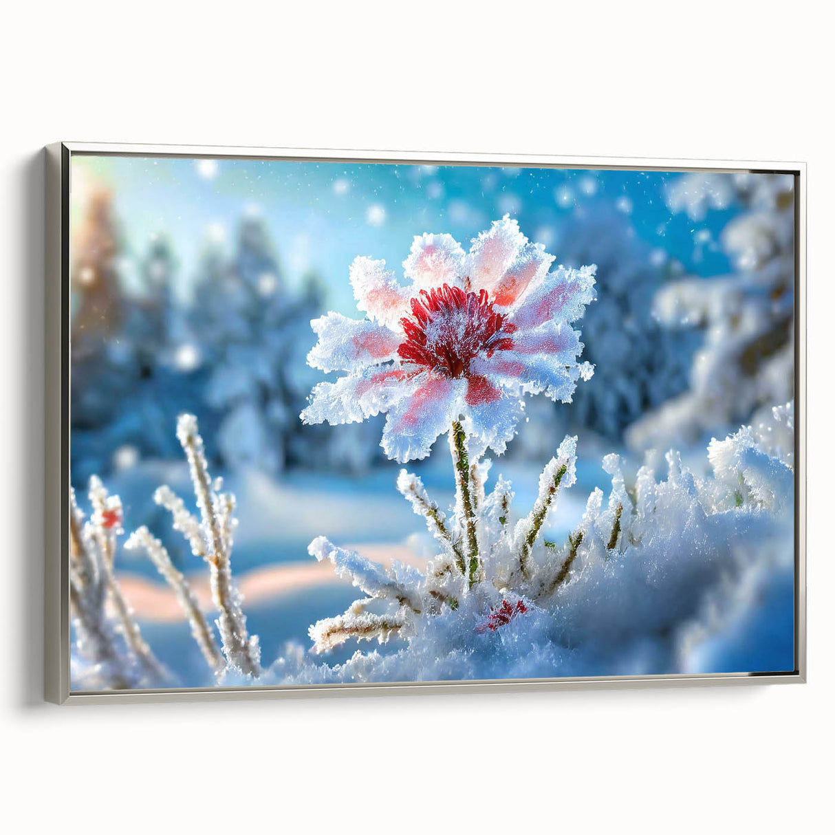 Vintage poster art featuring a close-up of frost patterns in silver frame, with black and vibrant hues.