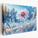 Close-up image of frost patterns on ice in muted blue and white tones on a stretched canvas, ideal for kitchen wall art.