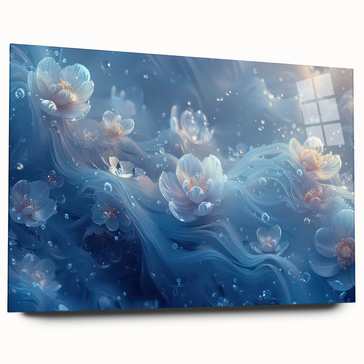 Large abstract wall art of frost patterns in muted gray and blue tones on acrylic glass.