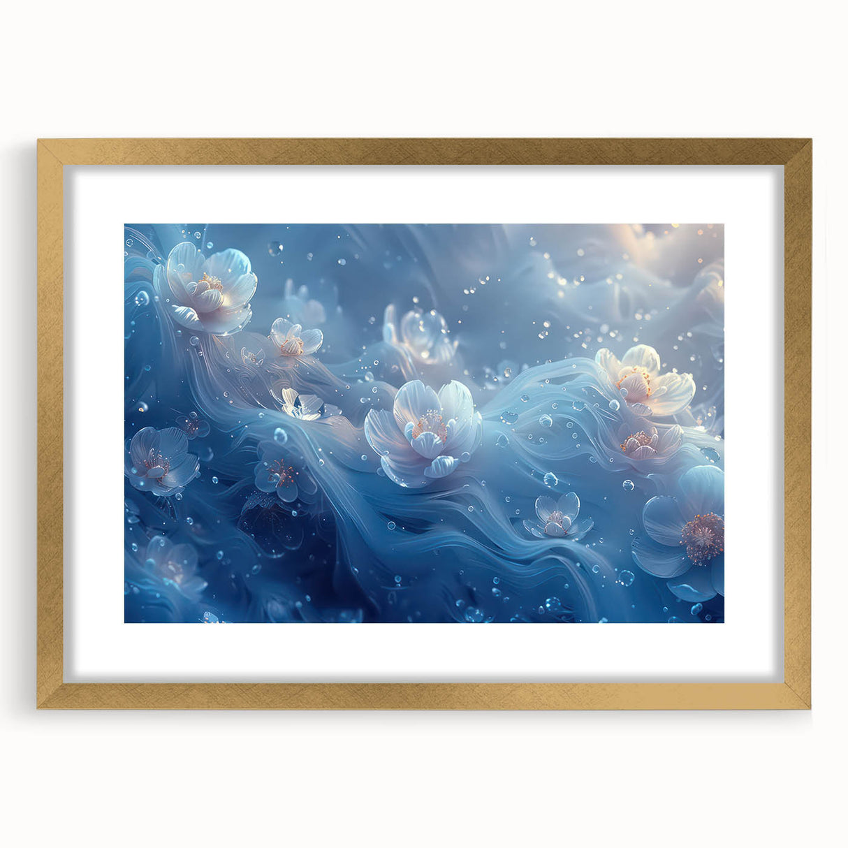 Textured art of abstract frost design in muted blue and white tones on a gold-framed canvas, suitable for bedroom art.