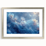 Abstract art print featuring a close-up frost design in cool blue and white tones, framed with a silver mat.