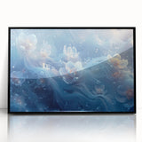 Large abstract wall art depicting frost patterns in muted gray and blue tones on a framed acrylic print.