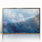 Mid-century modernist art depicting frost patterns in muted blue tones on a framed acrylic, ideal for nursery wall decor.