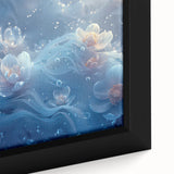 Close-up of black wall art featuring a frost-like textured design in colorful hues on a framed canvas.