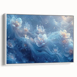 Framed canvas depicting a close-up of frost on ice in muted gray tones, ideal for bedroom wall art.