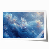 Close-up of frost pattern on ice in muted blue and white tones, rolled print, suitable for dining room or bathroom wall art.