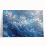 Close-up image of frost patterns on ice in black and white, printed on a large stretched canvas, ideal for kitchen wall art.