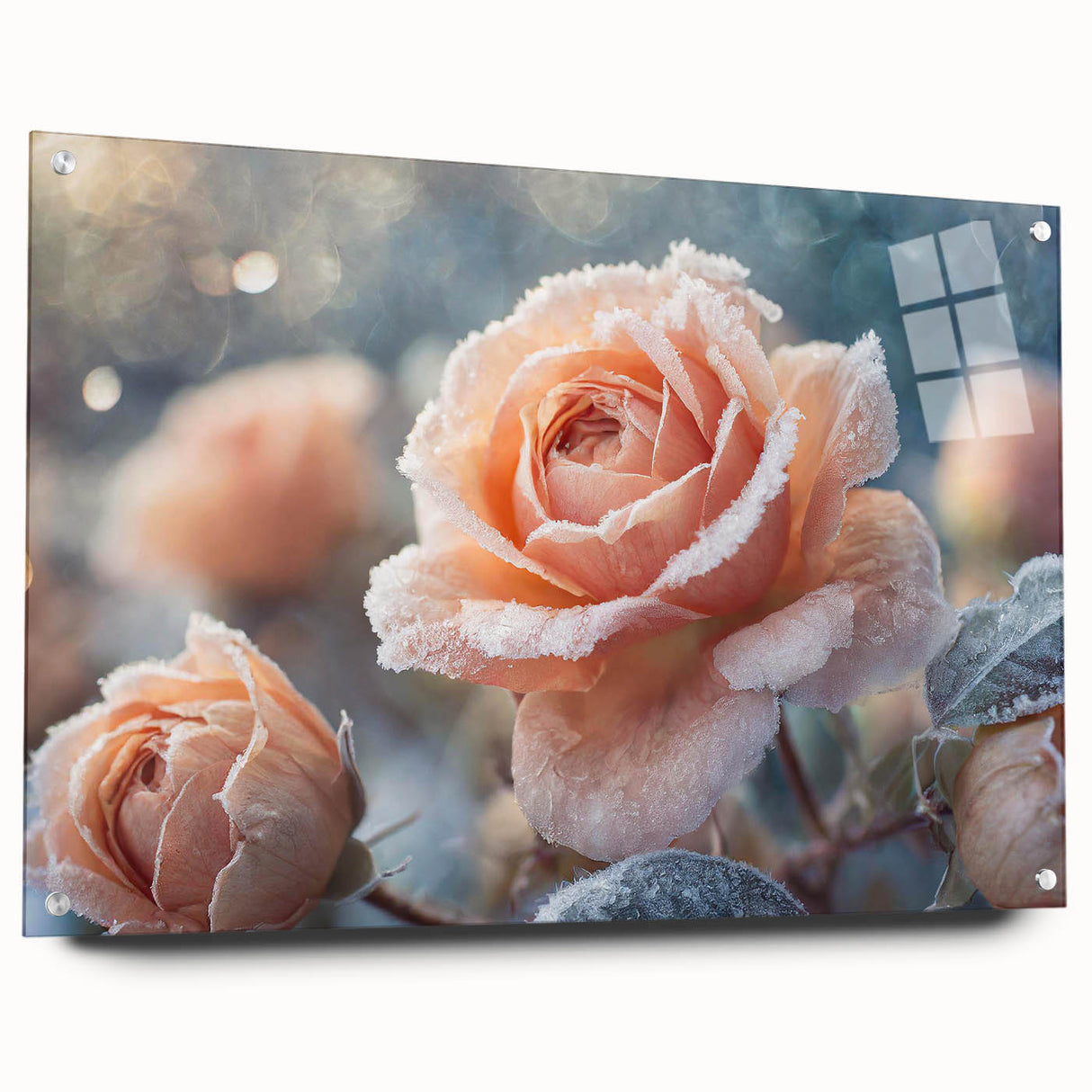 Close-up acrylic print of frost patterns in blue and white tones, suitable for bedroom or dining room decor.