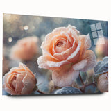 Close-up of frost patterns on acrylic glass, in muted blue and white tones, suitable for bedroom or dining room decor.