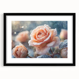 Extra large abstract art print featuring textured, colorful ice patterns, in a black frame with mat.