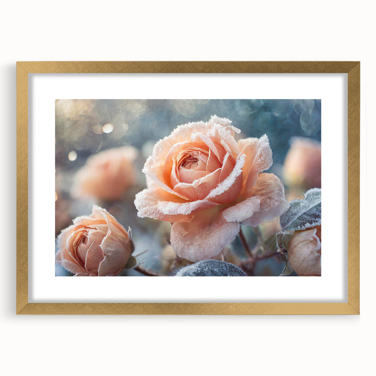 Textured art print of abstract frost design in muted gray, framed in gold, ideal for bedroom art.