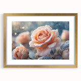 Textured art print of abstract frost design in muted gray, framed in gold, ideal for bedroom art.