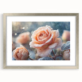 Abstract art print featuring a close-up of frost patterns in muted gray and silver, framed with a silver mat.