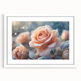 Extra large abstract art print featuring a textured frost design in cool blue and white tones, framed with a white mat.