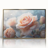 Framed acrylic print featuring a close-up of frost patterns in gold and white, ideal for modern art wall decor.