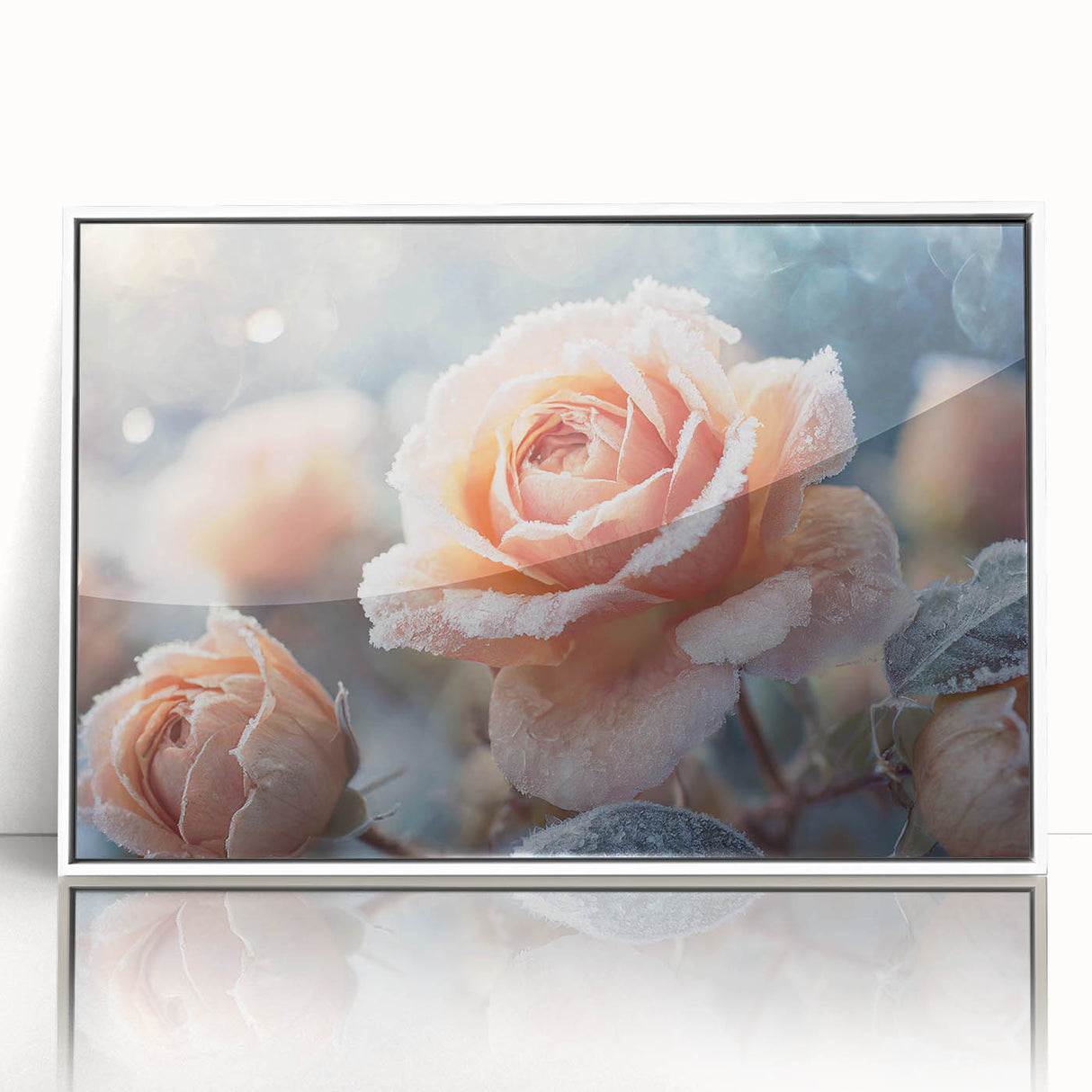 Framed acrylic print of a close-up ice frost design in white and gray tones, ideal for modern nursery wall decor.