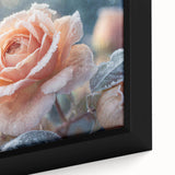 Close-up of textured black wall art depicting ice with colorful frost designs on a framed canvas.