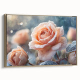 Framed canvas landscape art painting featuring a close-up of frost patterns in gold tones.