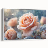 Framed canvas featuring a close-up of ice with frost patterns in muted gray and white, ideal for bedroom wall art.