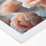 Art deco poster featuring a close-up of frost patterns in muted blue and white tones on rolled canvas.