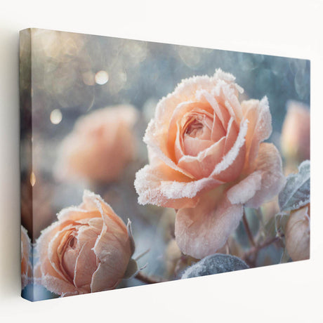 Close-up of frost patterns on ice in muted blue and white tones on stretched canvas, ideal for kitchen wall art.