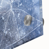 Close-up of frost patterns in muted white and blue tones on an acrylic print, suitable as large abstract dining room art.