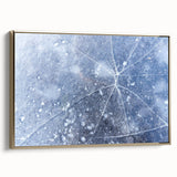 Framed canvas of a close-up landscape art painting featuring a frost pattern in muted blue and white tones.