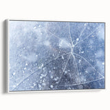 Framed canvas featuring a close-up of frost patterns in muted gray and white tones, suitable as wall art for a bedroom.