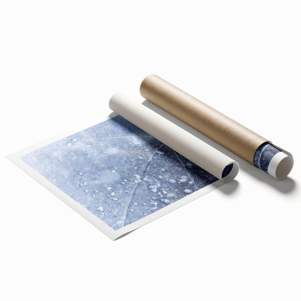 Close-up of frost pattern on ice in muted gray tones on a rolled print, suitable for classy bathroom wall art.