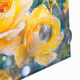 Acrylic glass print of a frost pattern, featuring large abstract shapes in muted white and blue tones.