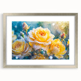 Abstract art print featuring a close-up frost design in cool blue and white tones, framed with a silver mat.